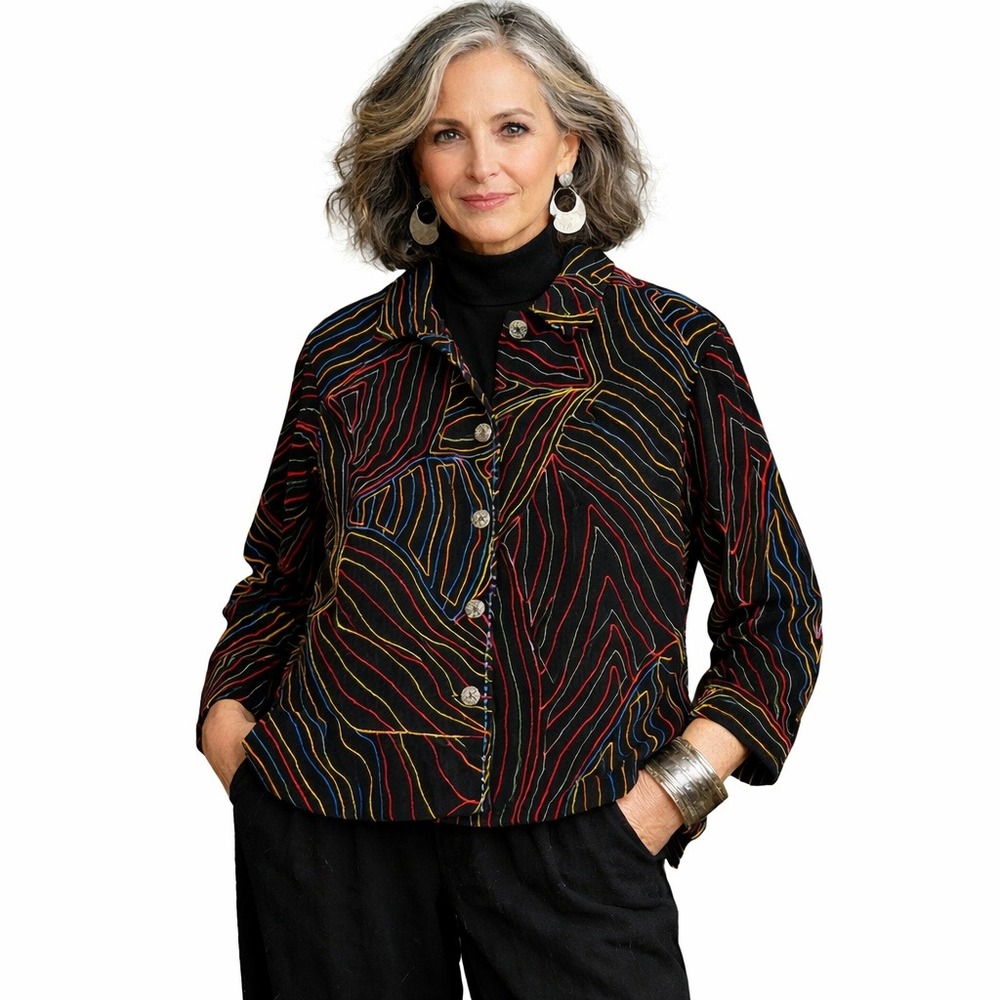 Chicos Womens Embroidered Velvet Jacket Size Small 1 Blazer Coat Rainbow Artsy